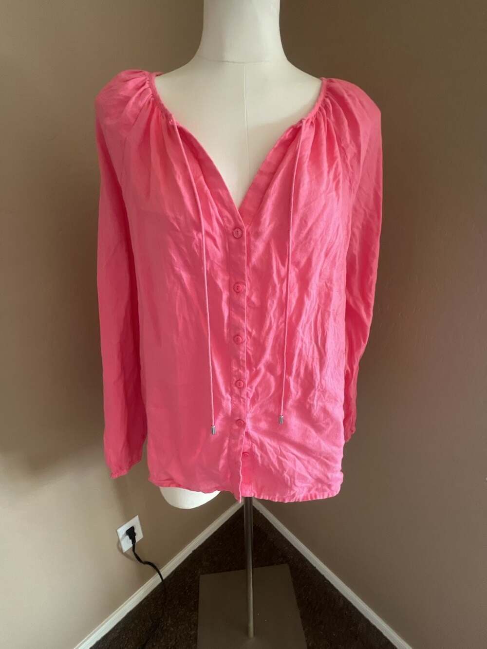 NYDJ 100% Linen V-Neck Peasant Blouse in Pink